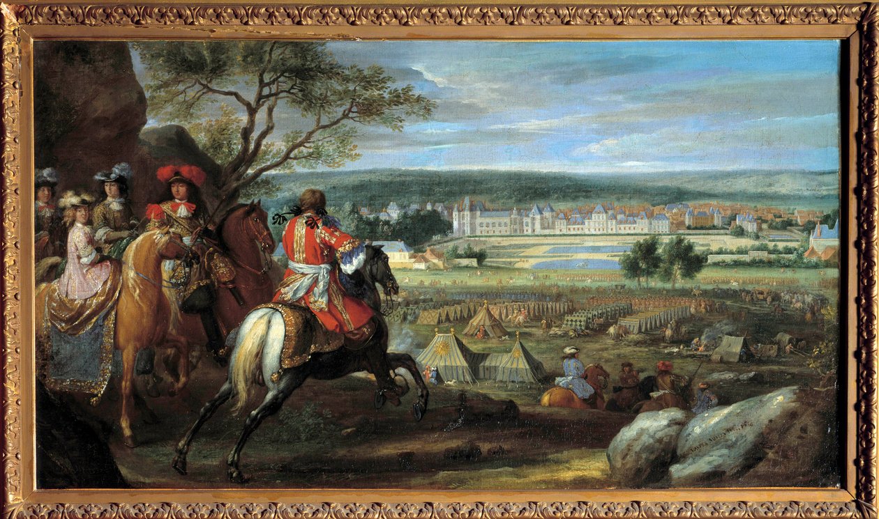 Uitzicht op het kasteel van Fontainebleau in 1669, met Lodewijk XIV (1638-1715) en Maria Theresia van Oostenrijk (1638-1683) door Adam Frans van der Meulen