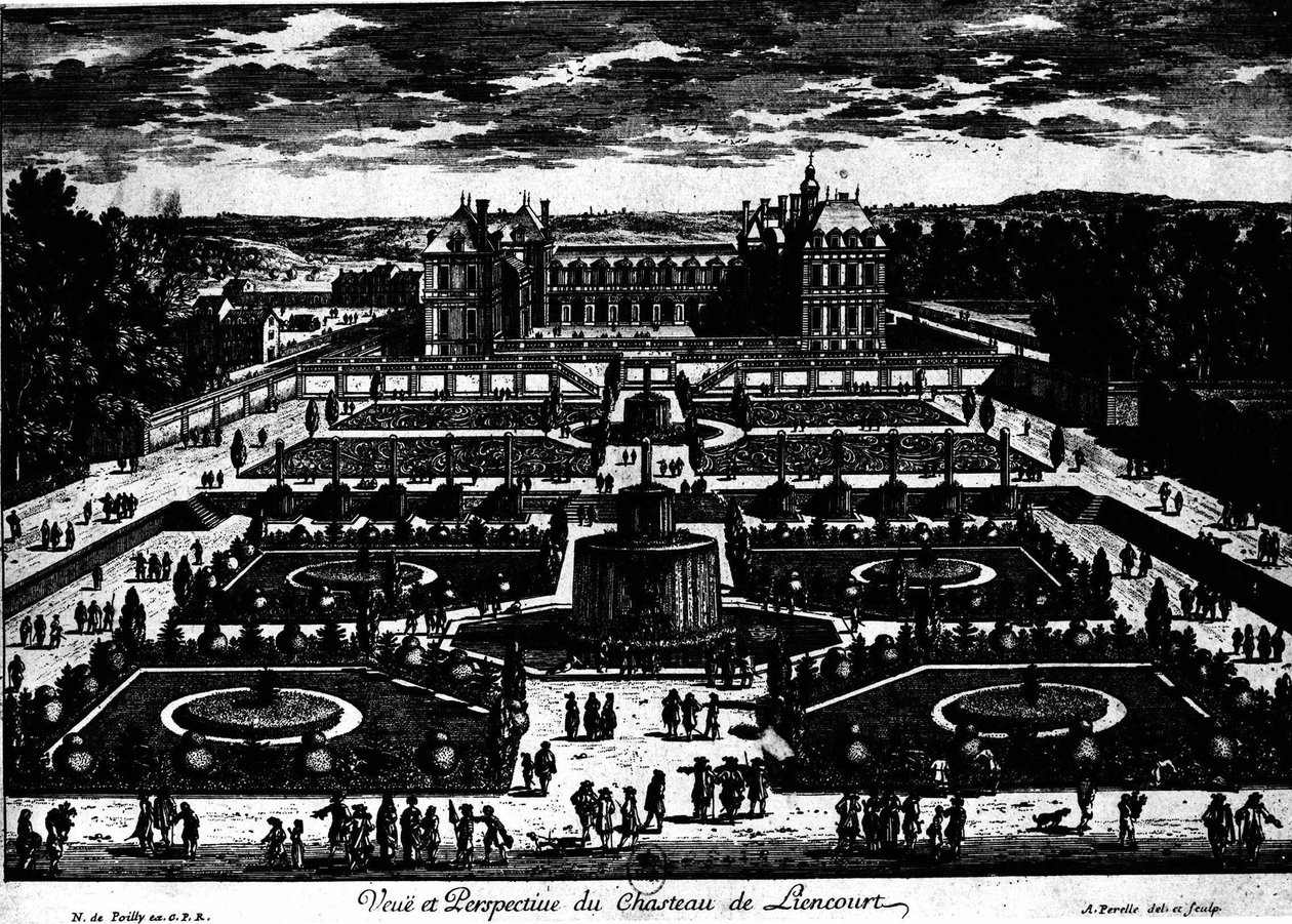 Château de la Rochefoucauld in Liancourt; tekening door Perelle door Adam Perelle