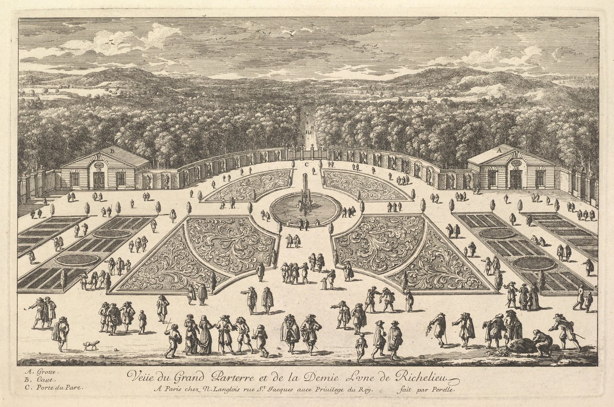 Uitzicht op het Grote Parterre en de Halve Maan van Richelieu, 17e eeuw door Adam Perelle