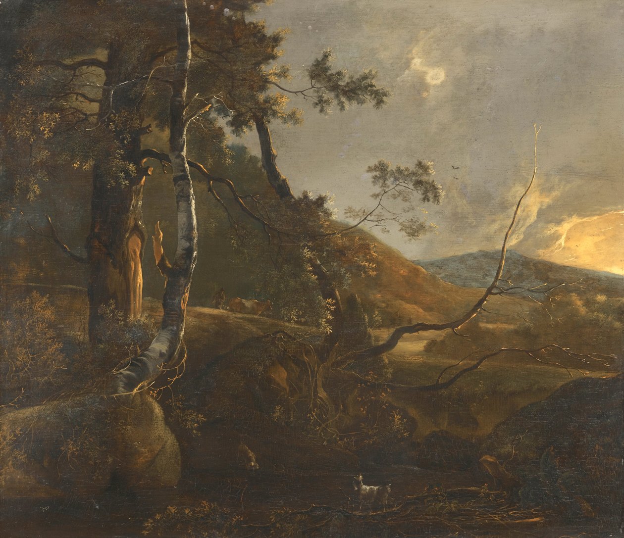 Een bebost landschap met een herder op een pad en een eenzame geit door Adam Pynacker