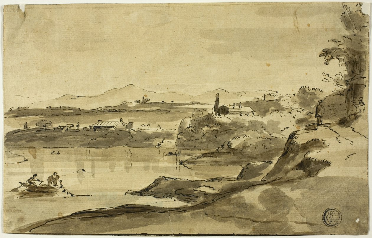 Landschap met visser in meer door Adam Pynacker