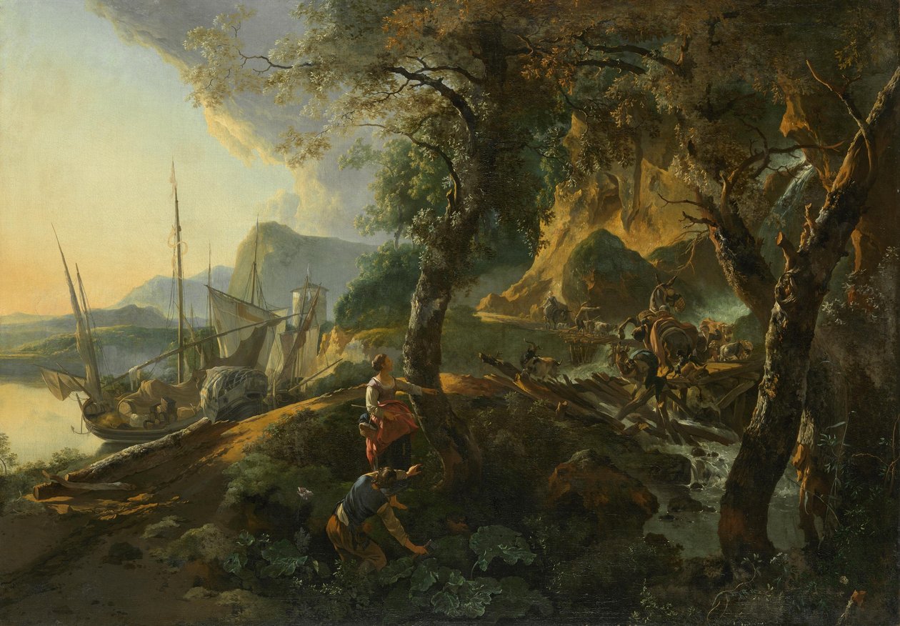 Landschap met een instortende brug door Adam Pynacker