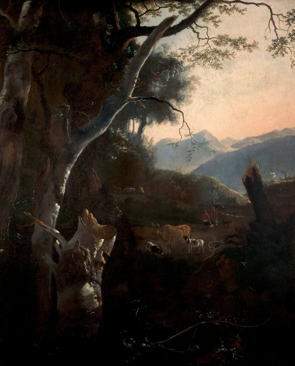 Bergachtig landschap met boeren, koeien en geiten door Adam Pynacker