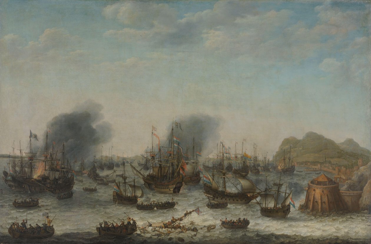 De nederlaag van de Spanjaarden bij Gibraltar door een Nederlandse vloot onder bevel van admiraal Jacob van Heemskerck, 25 april 1607 door Adam Willaerts (signed by artist)