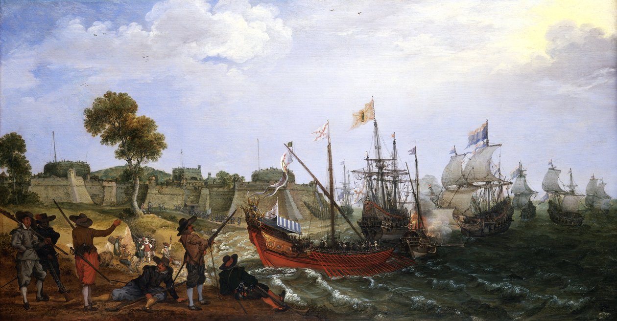 Een Nederlandse oorlogssquadron valt een Spaanse koloniale vesting aan, verdedigd door boten door Adam Willaerts