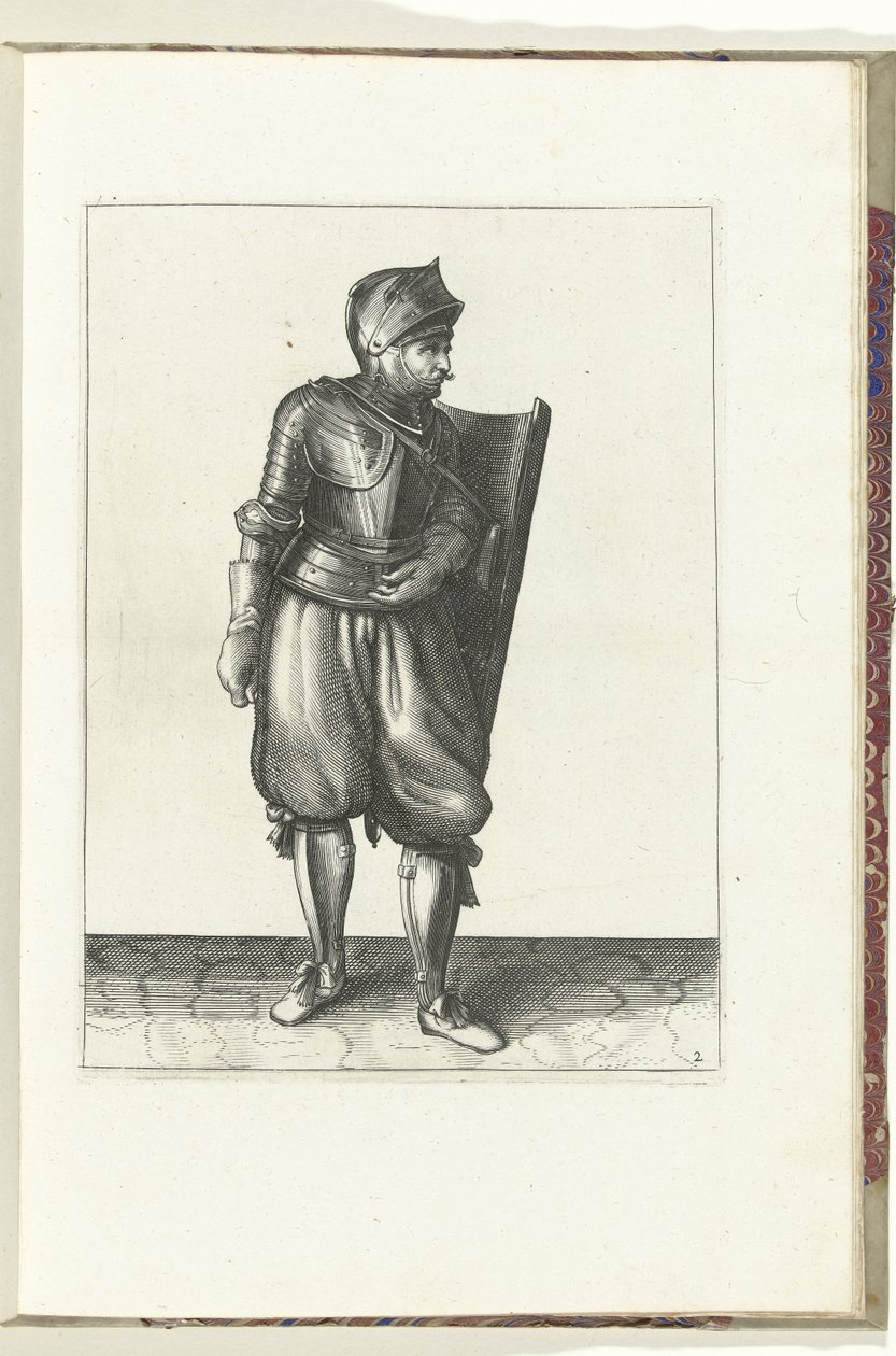 De exercitie met de targe en rapier: de soldaat brengt de targe van de rug over de linkerschouder (nr. 2), 1618 door Adam van Breen