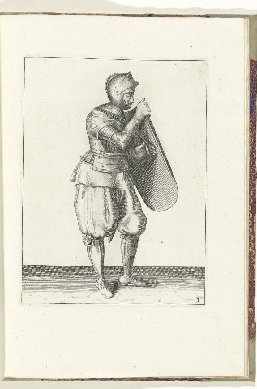 De exercitie met de targe en rapier: de soldaat houdt de targe vast met de rechterhand en grijpt met de linkerhand de riem (nr. 3), 1618 door Adam van Breen