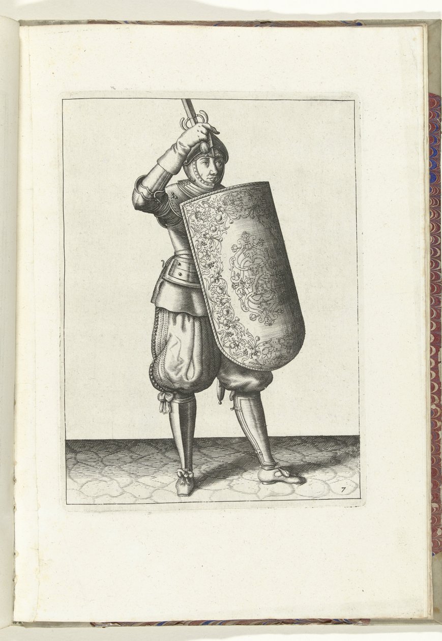 De exercitie met de targe en rapier: hoe de soldaat het vizier van zijn helm moet sluiten met de targe en de getrokken rapier in de hand (nr. 7), 1618 door Adam van Breen