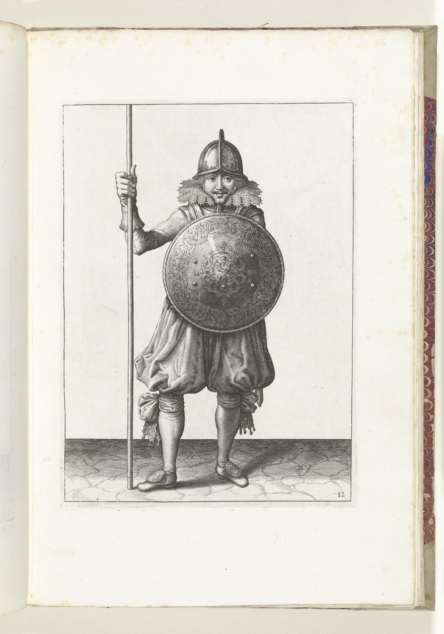 De exercitie met schild en spies: de soldaat brengt in drie tijden de spies weer terug in de rustpositie, derde beweging (nr. 12), 1618 door Adam van Breen