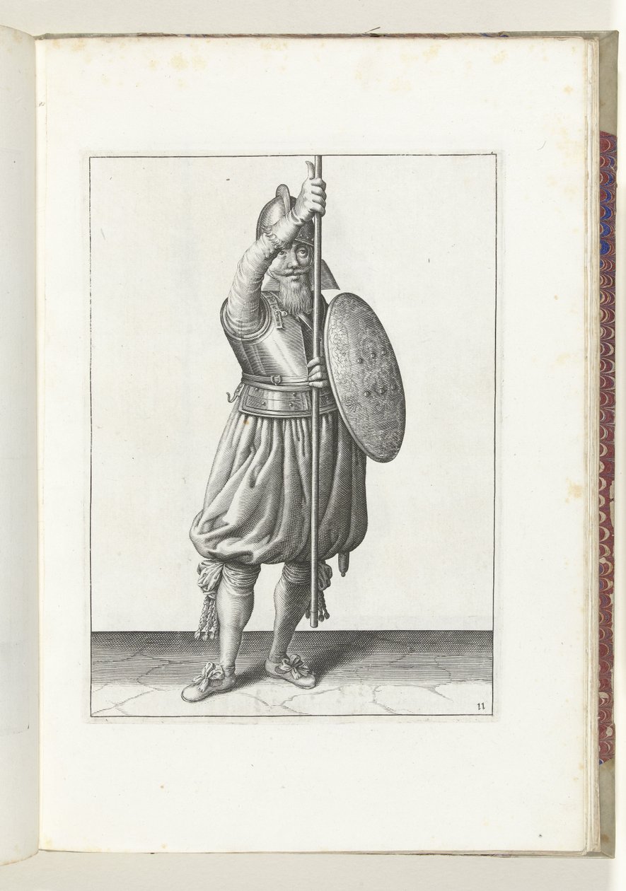 De exercitie met schild en spies: de soldaat brengt in drie tijden de spies weer terug in de rustpositie, tweede beweging (nr. 11), 1618 door Adam van Breen