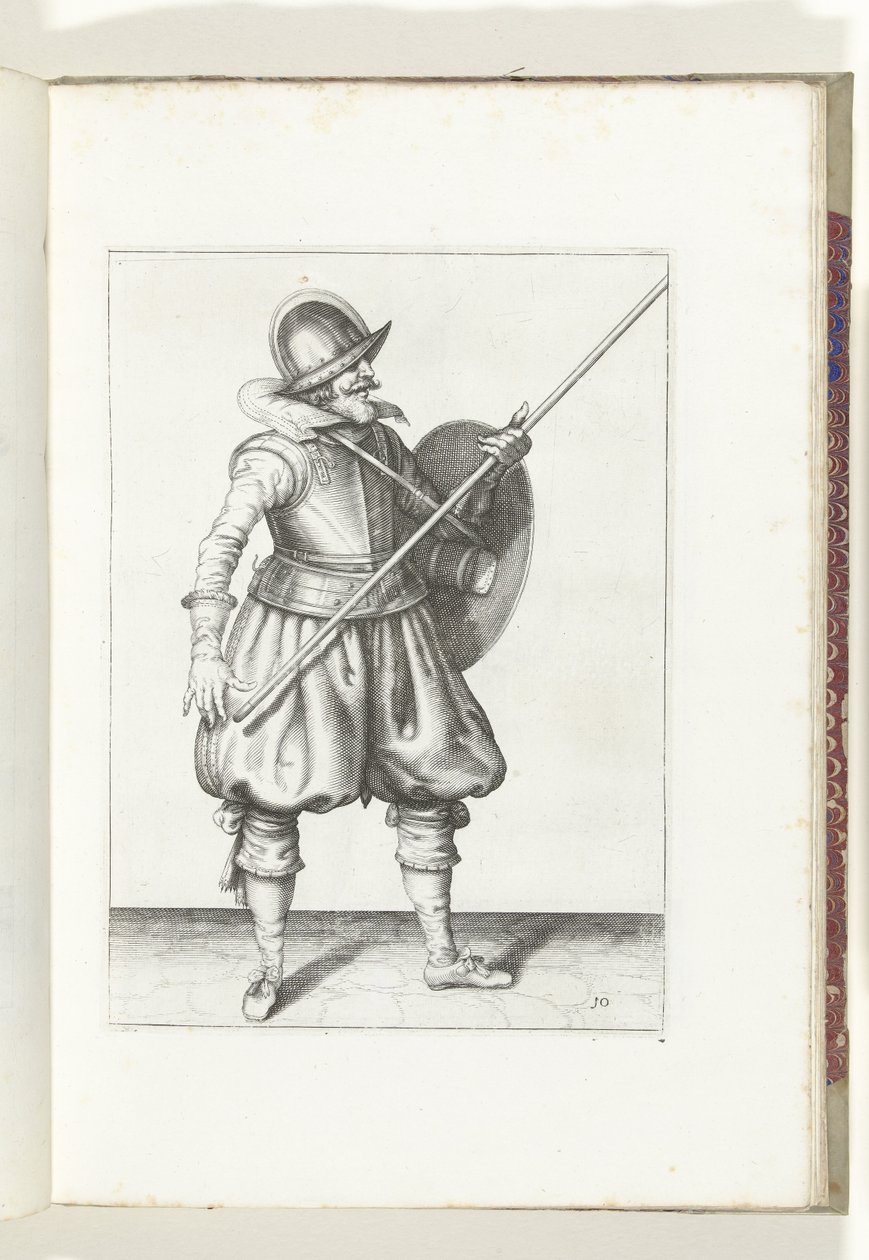 De exercitie met schild en spies: de soldaat brengt in drie tijden de spies weer terug in de rustpositie, eerste beweging (nr. 10), 1618 door Adam van Breen