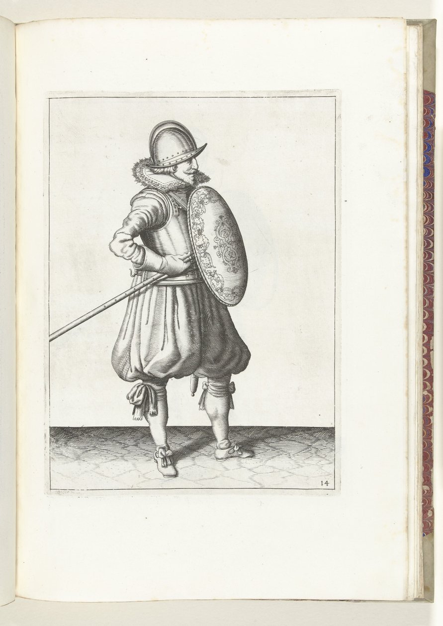 De exercitie met schild en spies: de soldaat brengt in twee tijden de spies in positie om te slepen, tweede beweging (nr. 14), 1618 door Adam van Breen