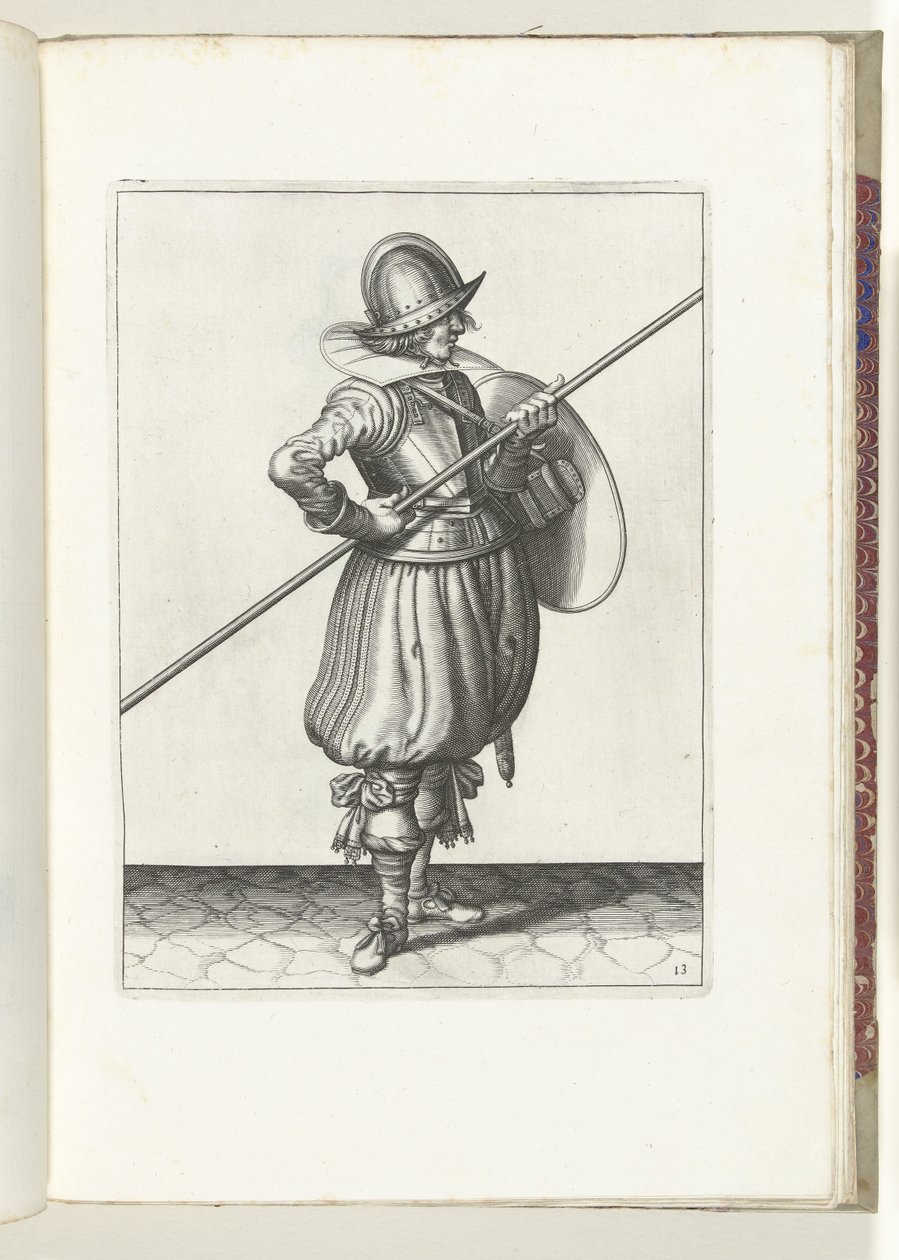 De exercitie met schild en spies: de soldaat brengt in twee tijden de spies in positie om te slepen, eerste beweging (nr. 13), 1618 door Adam van Breen