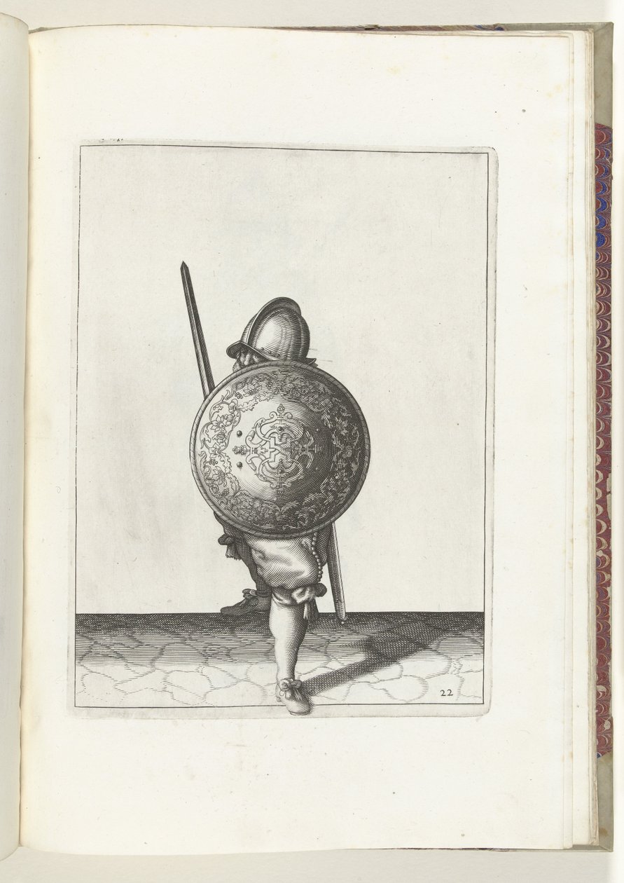 De exercitie met schild en spies: de soldaat in een verdedigende houding met een voet naar voren en met zijn rapier en schild op de knie voor het lichaam, gezien van voren (nr. 22), 1618 door Adam van Breen