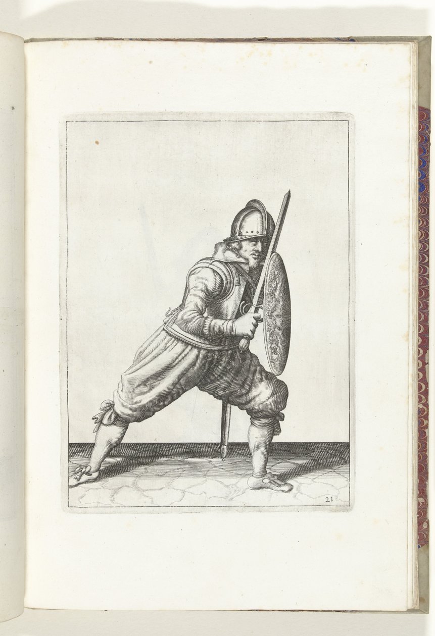 De exercitie met schild en spies: de soldaat in een verdedigende houding met een voet naar voren en met zijn rapier en schild op de knie voor het lichaam (nr. 21), 1618 door Adam van Breen