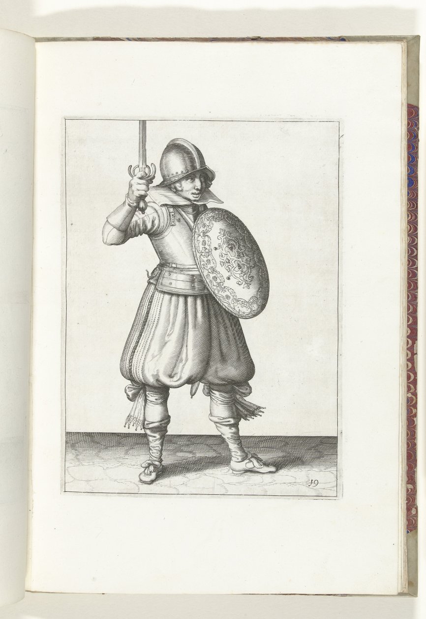 De exercitie met schild en spies: de soldaat presenteert zijn rapier met de hand niet hoger dan zijn gezicht (nr. 19), 1618 door Adam van Breen