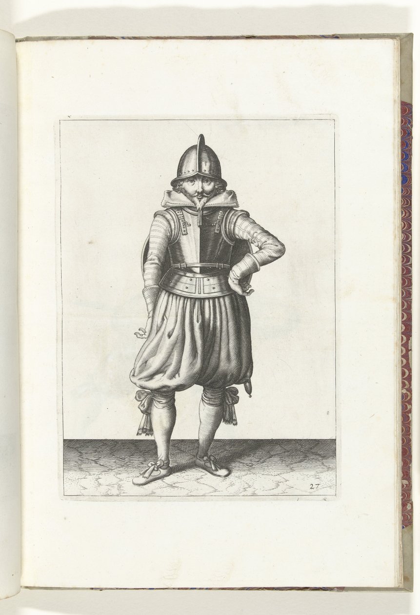 De exercitie met schild en spies: de soldaat staande in rust met het schild op de rug (nr. 27), 1618 door Adam van Breen