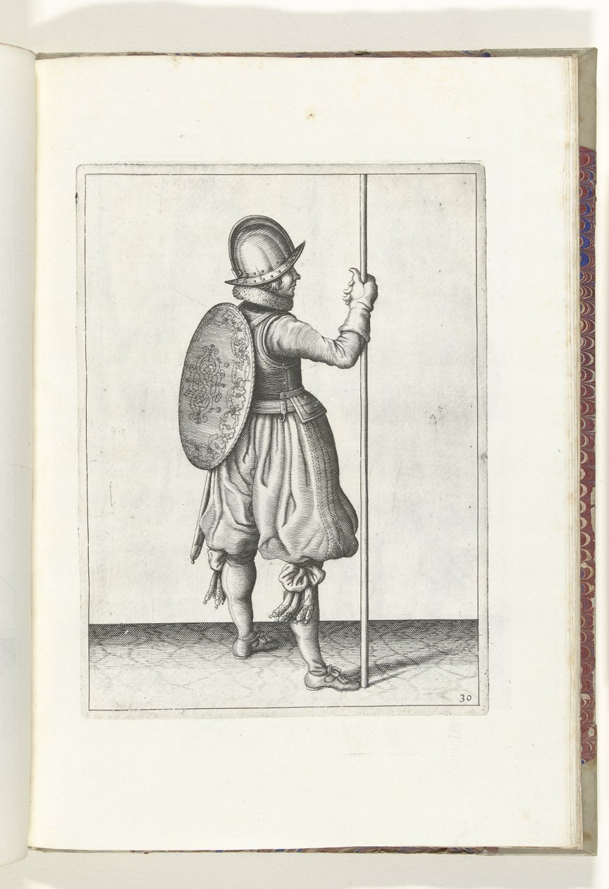 De exercitie met schild en spies: de soldaat staande met de spies rustend op de grond naast de rechtervoet (nr. 30), 1618 door Adam van Breen