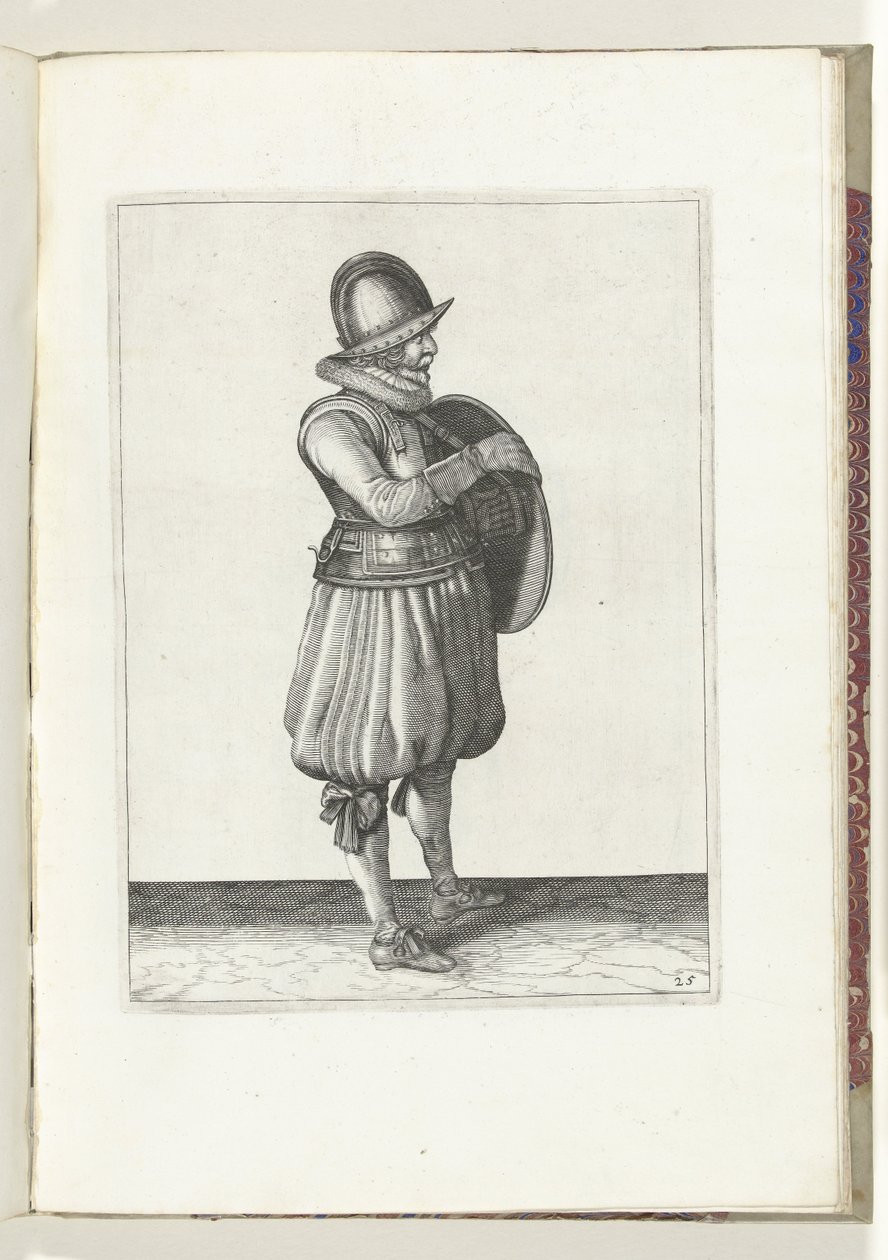 De exercitie met schild en spies: de soldaat trekt zijn arm uit de riem van het schild (nr. 25), 1618 door Adam van Breen