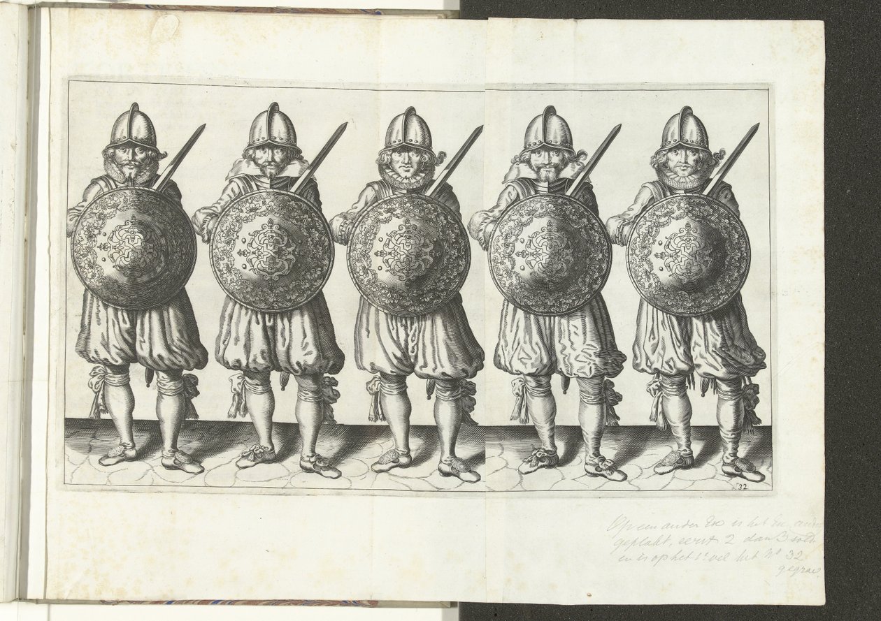 De exercitie met schild en spies: vijf soldaten staande naast elkaar in het gelid met de rapier in de rechterhand en het schild voor de borst (nr. 32), 1618 door Adam van Breen