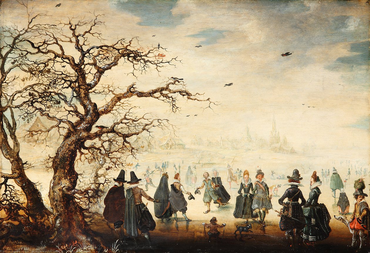 Duits: Wintervergnügen Winterlandschap met elegante figuren die schaatsen door Adam van Breen