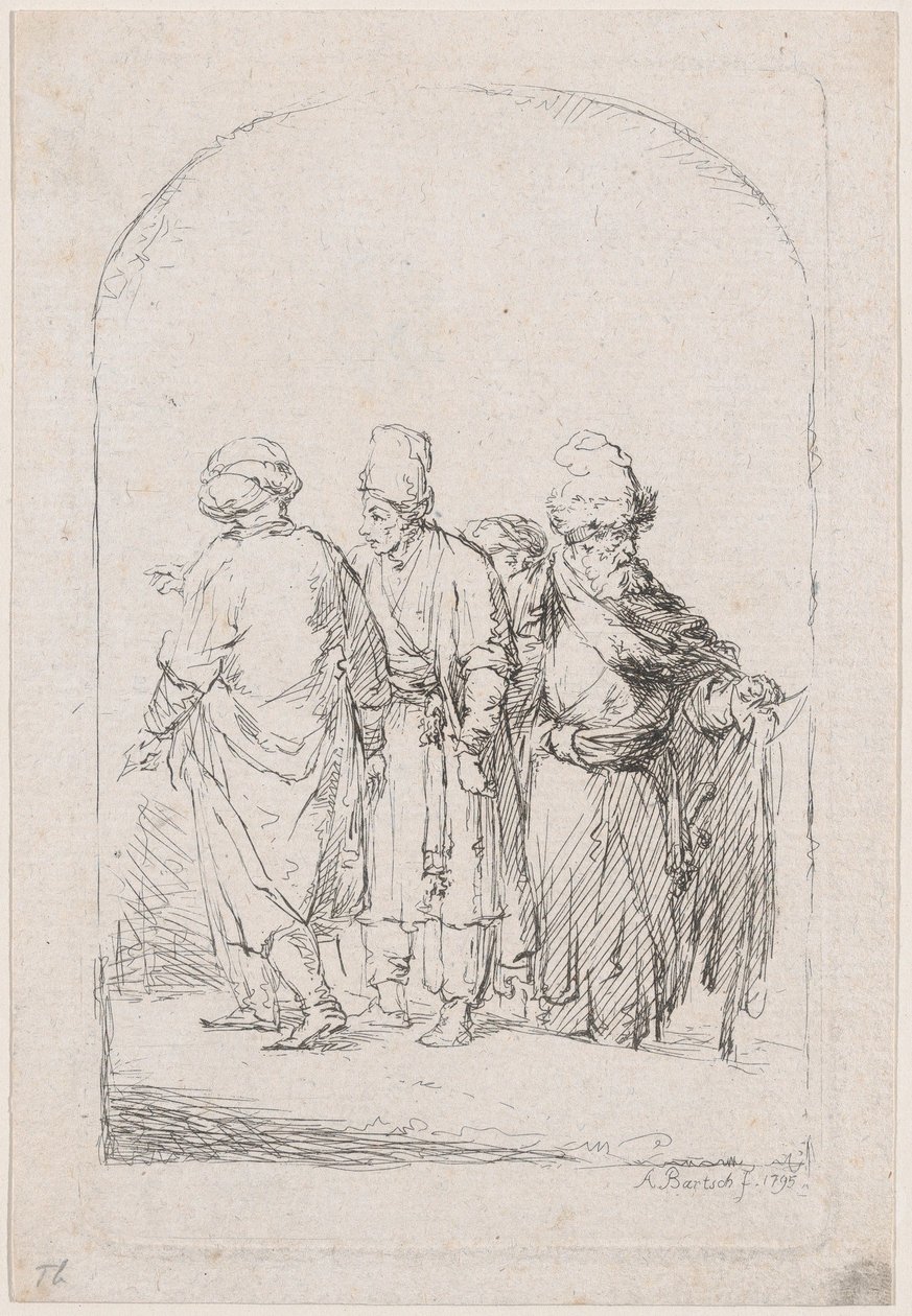 Groep van vier staande mannen in oosterse kleding door Adam von Bartsch