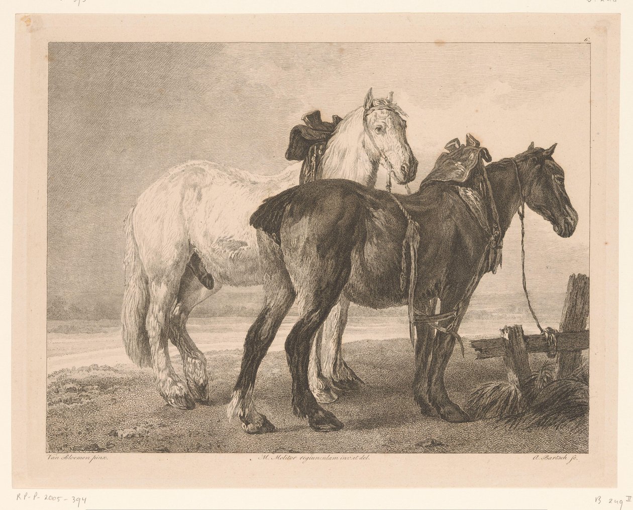 Twee paarden in rivierlandschap door Adam von Bartsch