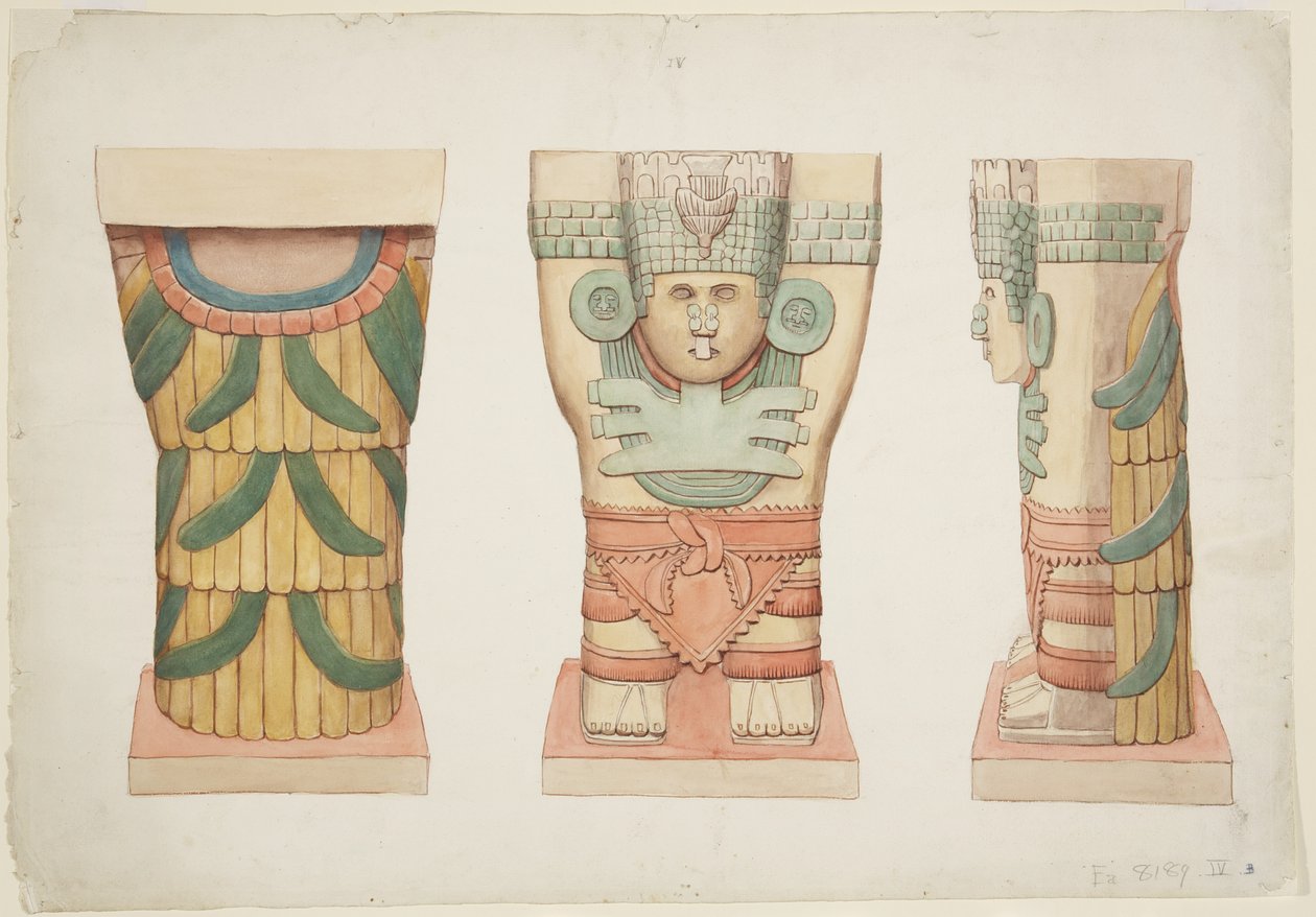 Kariatide uit de buitenkamer, Tempel A, balspelbaan, Chichen Itza door Adela Breton