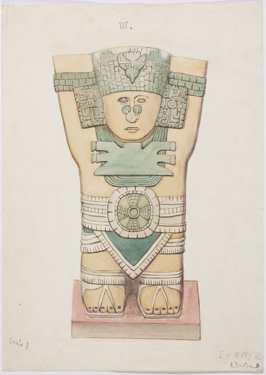 Kariatide uit de buitenkamer, Tempel A, balspelbaan, Chichen Itza, Mexico door Adela Breton