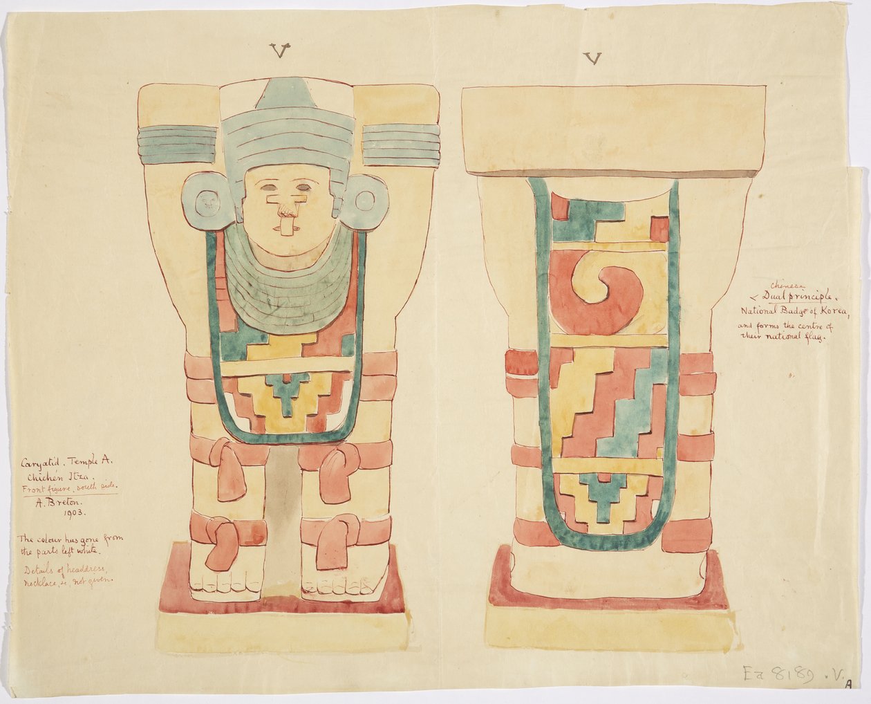 Kariatide van de buitenkamer, Bovenste Tempel van de Jaguars (Tempel A), balspelbaan, Chichen Itza door Adela Breton