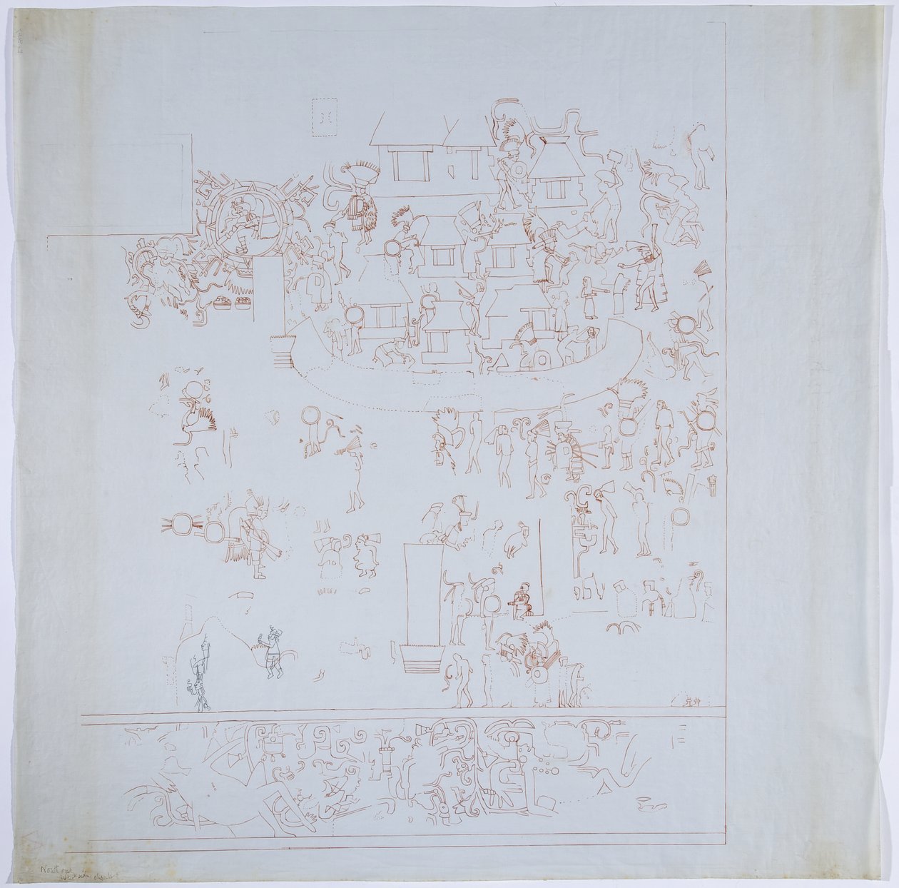Kopie van een complete muurschildering van de westelijke muur, Bovenste Tempel van de Jaguars, Chichen Itza, Mexico Binnenkamer op westelijke muur Getekend in rode inkt door Adela Breton