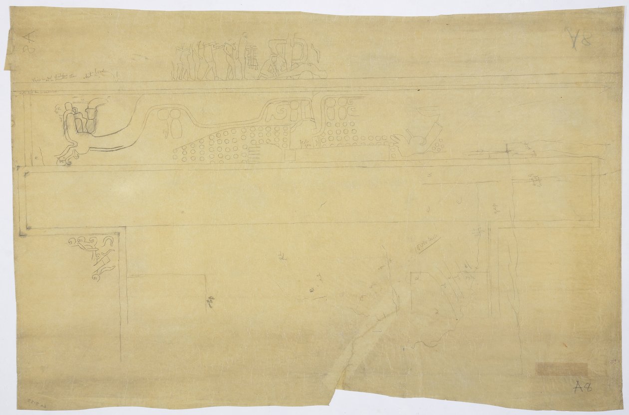 Kopie van een tekening van een muurschildering boven de deur, Bovenste Tempel van de Jaguars, Chichen Itza, Mexico Potlood 
