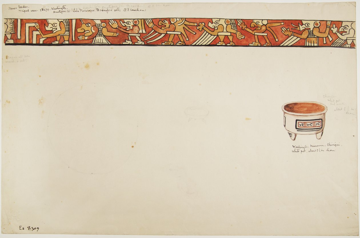 Binnenrand van een driepootvaas (met groteske figuren) en een witte pot met ontwerpen in rechthoeken door Adela Breton