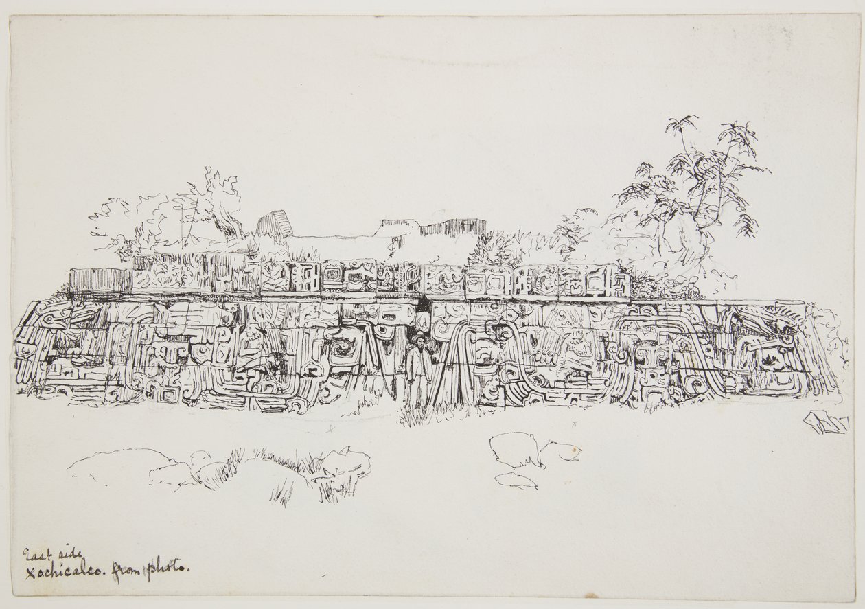 Schilderij van een geschilderd reliëf van de Tempel van de Gevederde Slang Xochicalco, Mexico (oostzijde van het onderste terras) door Adela Breton