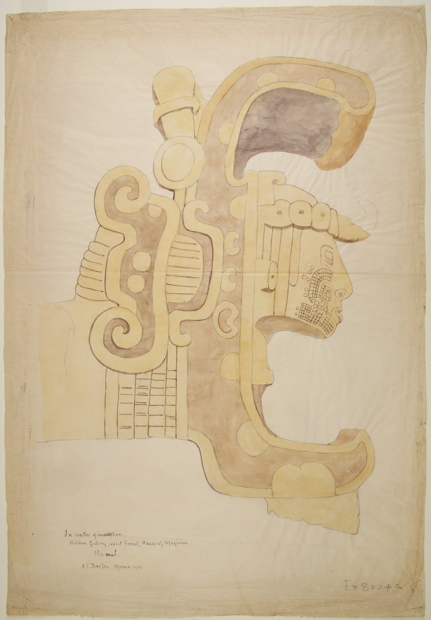 Ruïnes/stenen reliëfs bij de tempel in Uxmal, Mexico Gesneden hoofd, rijkelijk versierd (aquarel) door Adela Breton