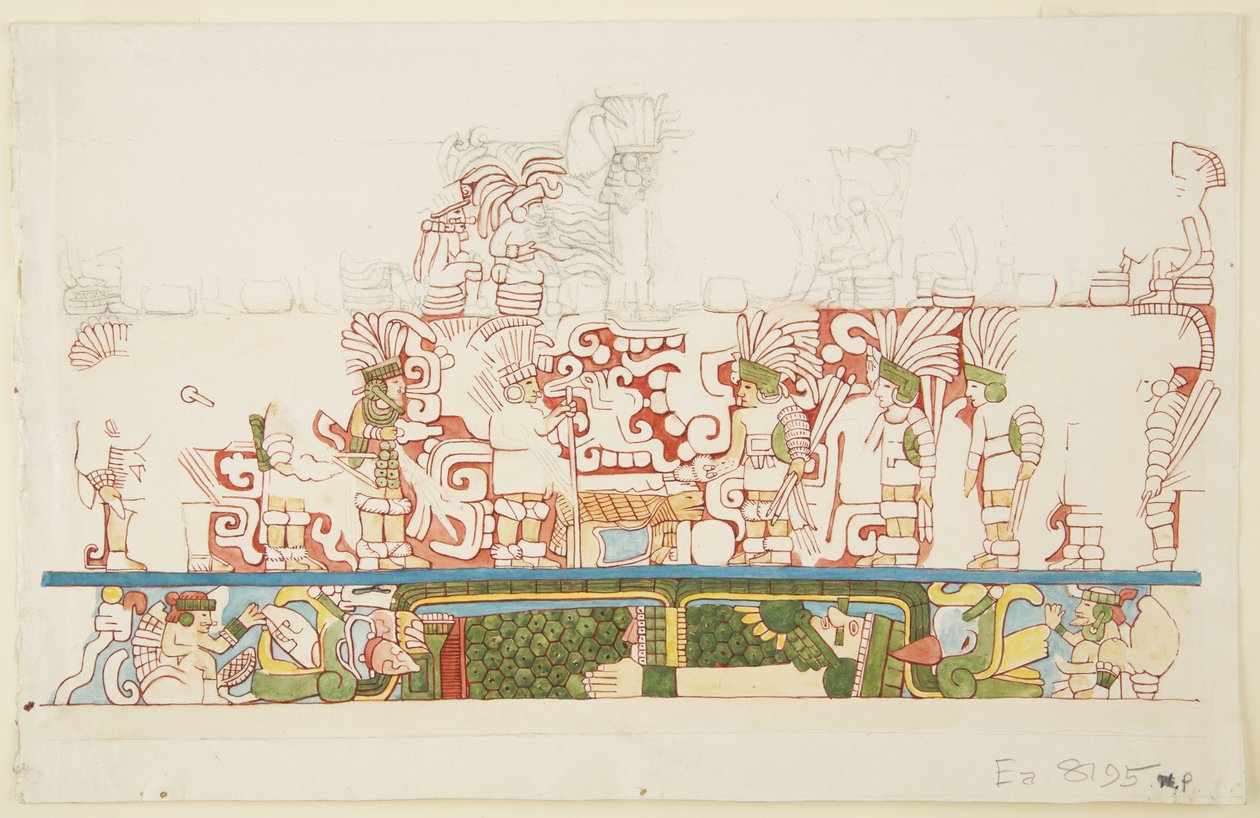 Stenen reliëf uit het midden van de noordmuur, Noordgebouw C, Ball Court, Chichen Itza, Mexico (aquarel) door Adela Breton