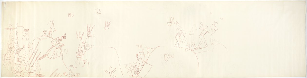 Tekening van een muurschildering van de oostelijke muur, Bovenste Tempel van de Jaguars, Chichen Itza, Mexico door Adela Breton