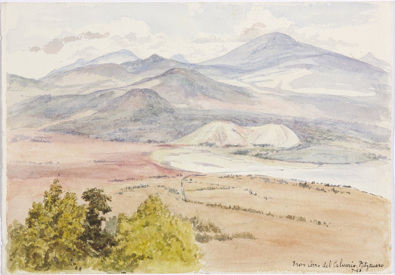 Uitzicht vanaf de Cerro del Calvario, Patzcuaxo aan de ene kant van het papier en aan de andere kant een uitzicht op het oude fort en stenen heuvels, Iguatcho vanaf Cerro del Calvario, Patzcuaro, Michoacan, Mexico door Adela Breton
