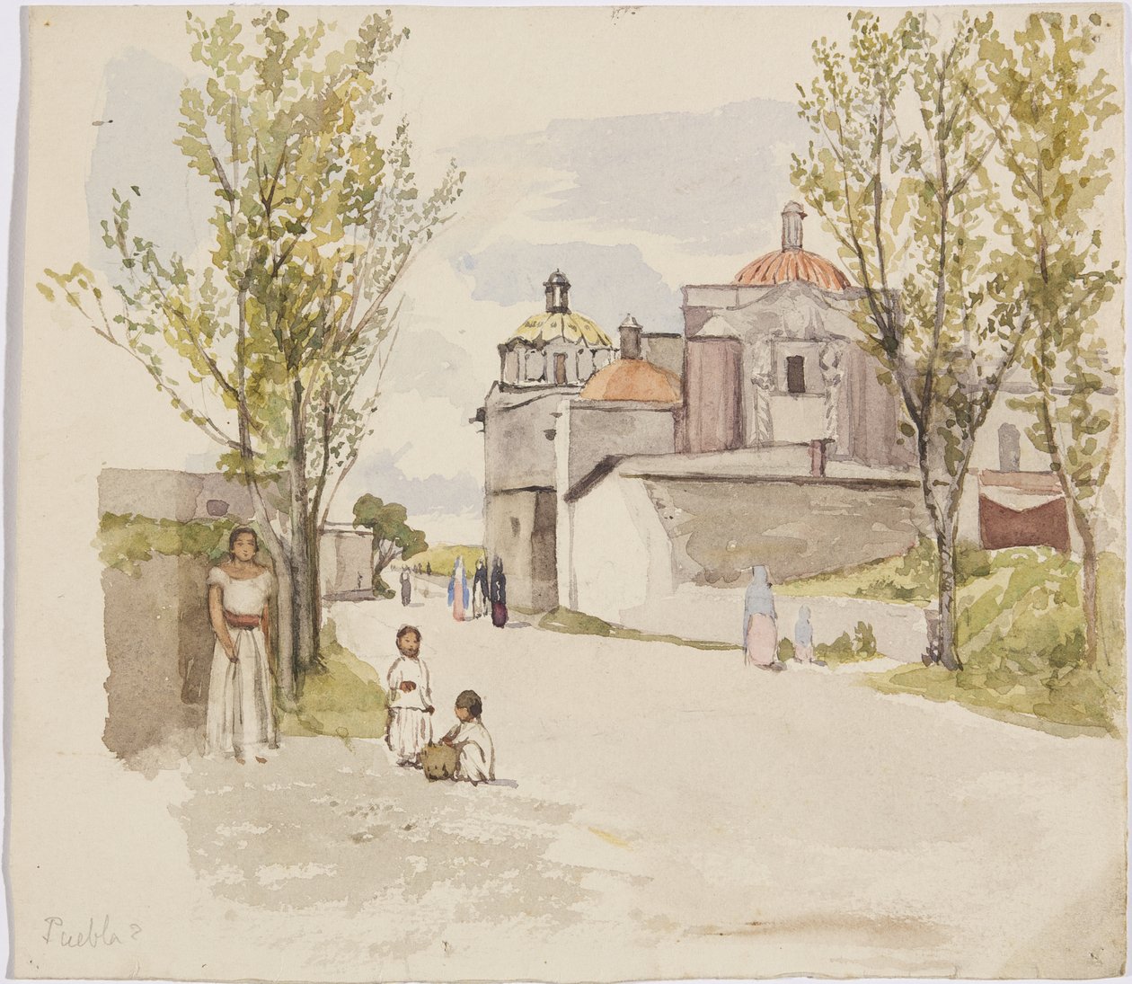 Uitzicht op een dorpsstraat met vrouwen en kinderen - Puebla (?), Mexico door Adela Breton