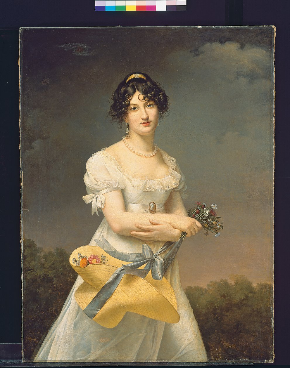 Portret van Amélie-Justine Laidin de la Bouterie, geboren Pontois, met een Hoed vol Bloemen door Adele Romany