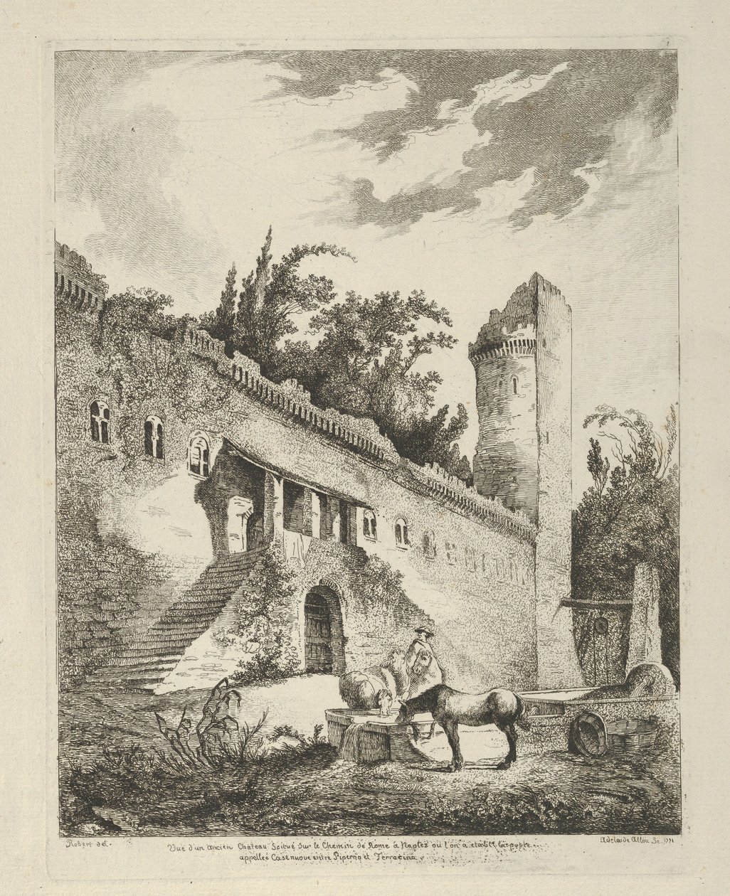 Gezicht op een oud kasteel gelegen op de weg van Rome naar Napels uit Differentes vue... door Adélaide Allou