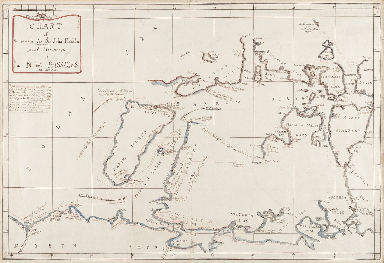 Kaart van de zoektocht naar Sir John Franklin en ontdekking van de Noordwestelijke Doorvaart door Admiral Edward Augustus Inglefield