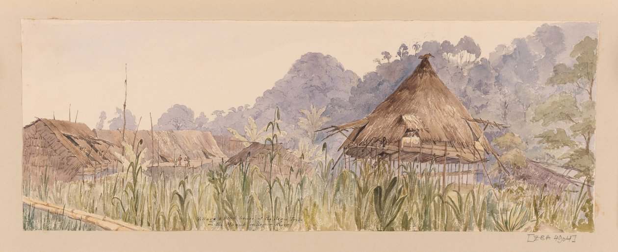 Dorp en hoofdgebouw van de Segu-stam of aan de Manuk- of Segur-rivier uit West-Indië, Noord-Amerika en Borneo plakboek door Admiral Sir Edward Gennys Fanshawe