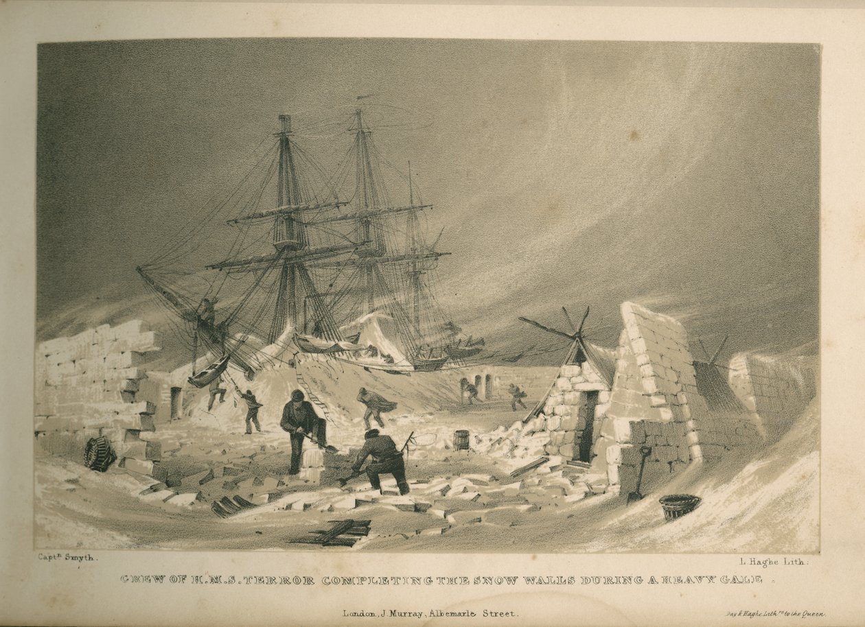 Bemanning van de H.M.S. Terror voltooit de sneeuwmuren tijdens een zware storm door Admiral William Henry Smyth