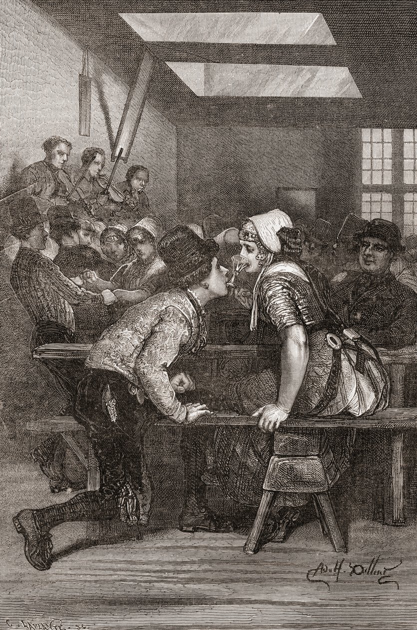 Een jonge man houdt een glas in zijn tanden voor zijn geliefde om uit te drinken, Zeeland, Nederland, illustratie uit 