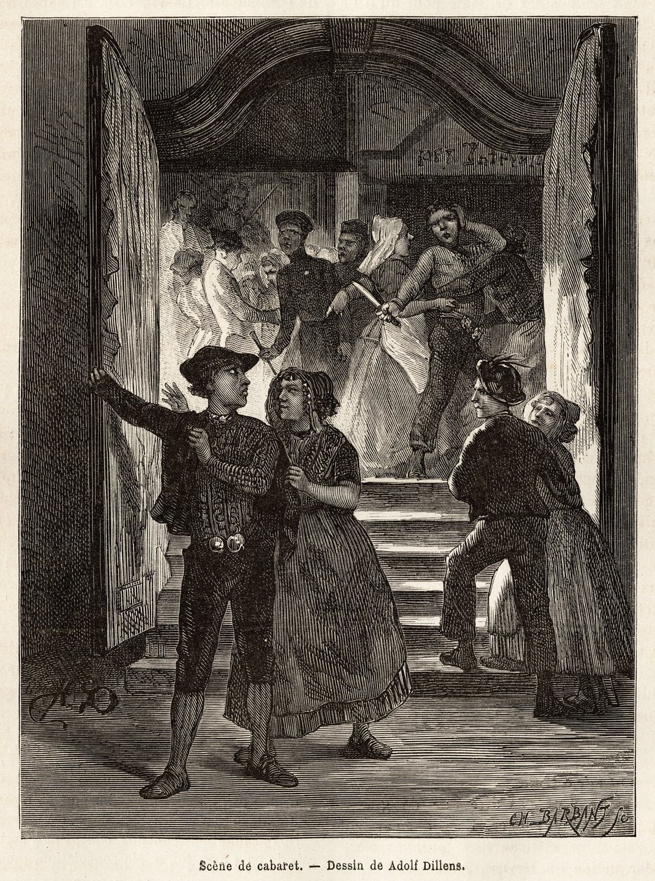 Een cabaretscène, een stel verlaat de scène, terwijl een man hen bedreigt met een mes, vastgehouden door twee vrouwen; terwijl een ander stel hen tegemoet treedt bij het betreden van het cabaret, gravure naar de tekening van Adolf Dillens, illustrerend een door Adolf Alexander Dillens