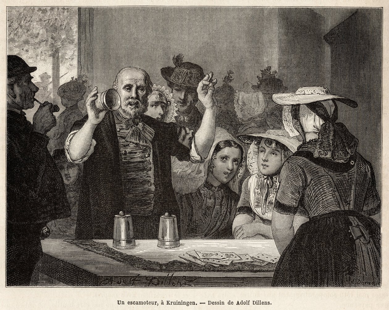 Een retracteur, in een herberg in Kruiningen, voert zijn nummer op voor aandachtige toeschouwers, gegraveerd naar de tekening van Adolf Dillens, illustrerend een reis naar Zeeland (Nederland), in 1873, door Charles de Coster, gepubliceerd in 