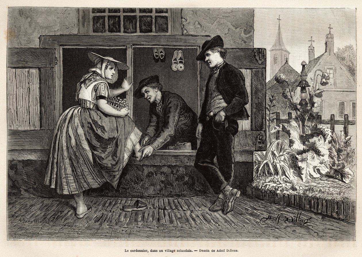 Een schoenmaker in een Zeeuws dorp, laat een jonge vrouw een schoen passen, vergezeld door een jonge man, gravure naar de tekening van Adolf Dillens, ter illustratie van een reis naar Zeeland (Nederland), in 1873, door Charles de Coster, gepubliceerd in 