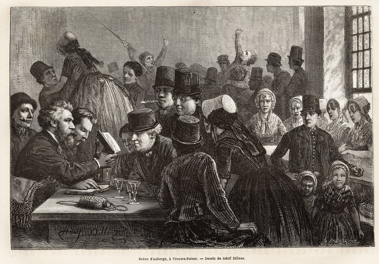 Scène in een herberg, in Vrouwe-Polder (Vrouwe Polder), gravure naar de tekening van Adolf Dillens, ter illustratie van een reis naar Zeeland (Nederland), in 1873, door Charles de Coster, gepubliceerd in 