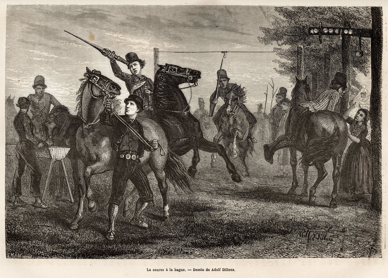 De race naar de ring in Niewland, de jonge ruiters strijden om, wapen van een houten speer, het verwijderen van de ring van de poort waar deze aan is opgehangen, paard gooit galop; voor de meest onhandige, is er ook een houten lepel opgehangen aan een nabi door Adolf Alexander Dillens